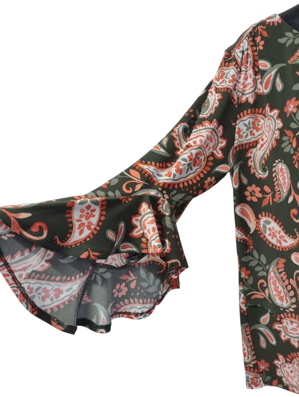 NWT Allison Daley Petites PM Green Orange Paisley V-Neck Ruffle Sleeve Blouse - Picture 4 of 8